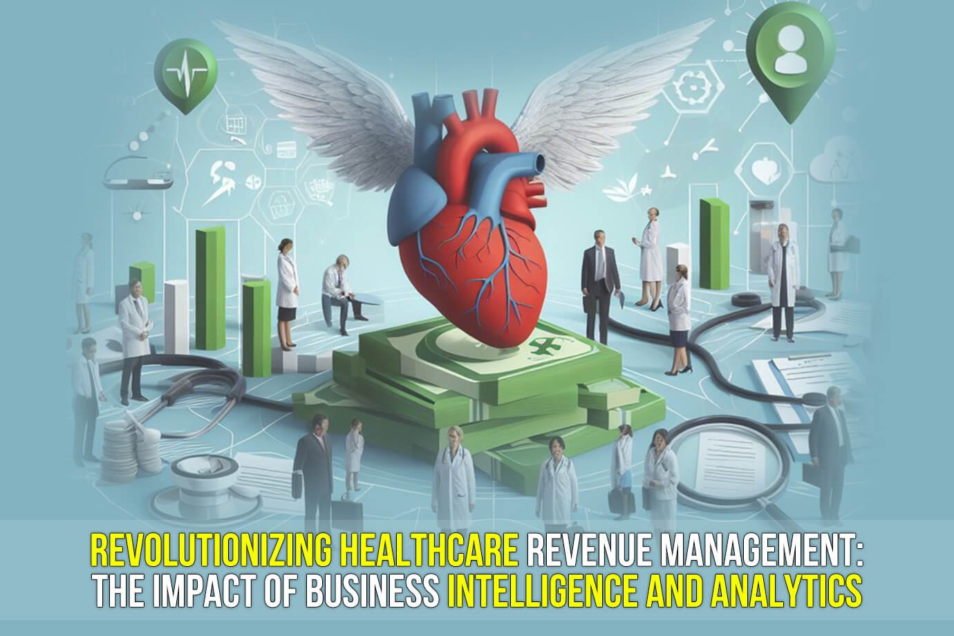 An illustration depicting the revolution in healthcare finances. Vibrant colors, data symbols, and futuristic elements represent the impact of business intelligence and analytics on the industry.
